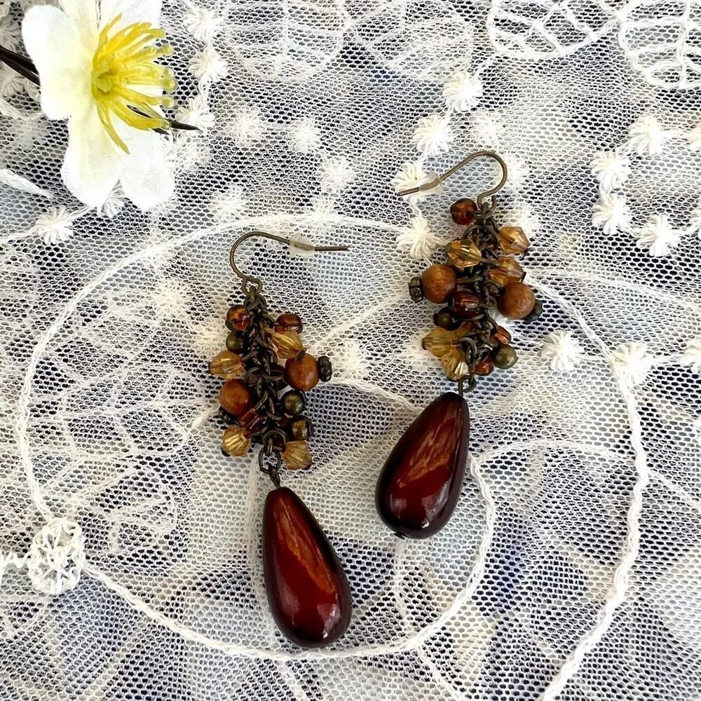 Vintage Bronze Tone Dangle Beaded Statement Earrings